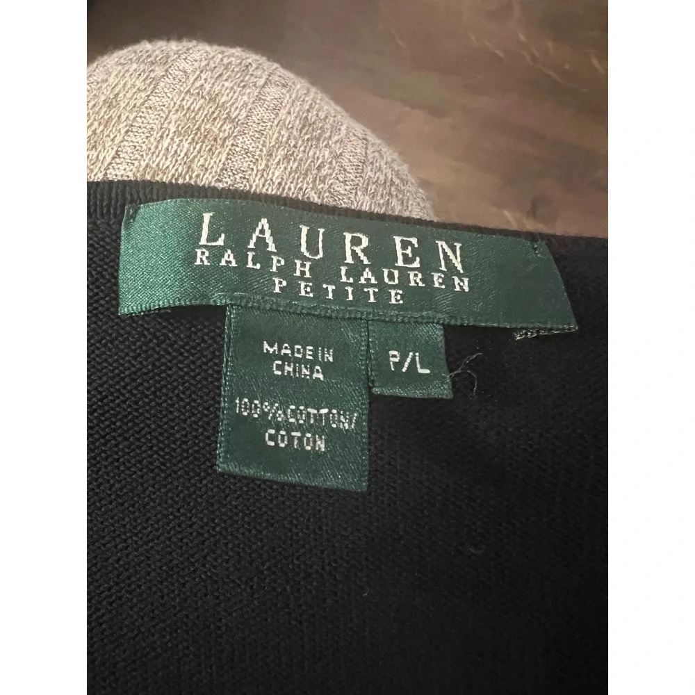 Lauren Ralph Lauren Petite Black Ruffle V-Neck Cotton Knit Sweater Top L-PT NWT - Picture 2 of 3